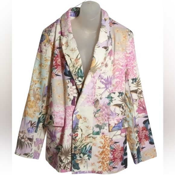 VICI Women's Sundew Multicolor Bird & Floral Print Patchwork Blazer Jacket Large - Picture 2 of 10
